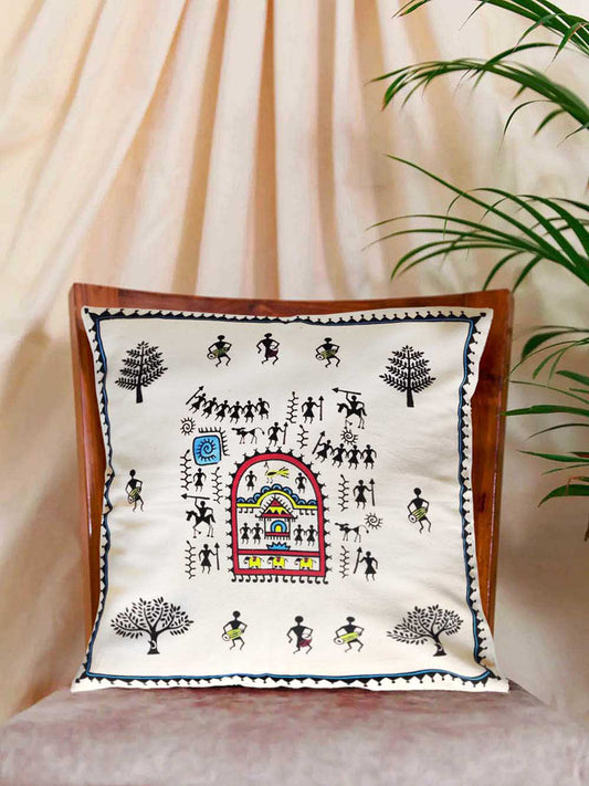 Warli Multicolored Hand Painted Cushion Cover