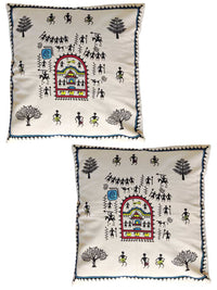 Thumbnail for Pack Of 2 Warli Multicolored Hand Painted Cushion Cover