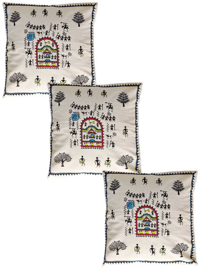 Pack Of 3 Warli Multicolored Hand Painted Cushion Cover