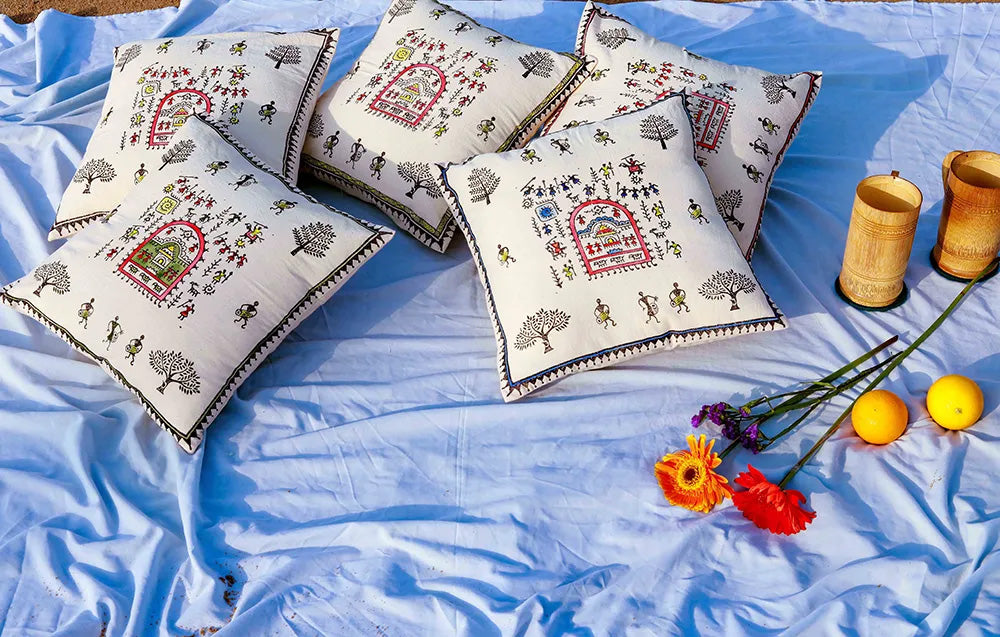 Pack Of 5 Warli Multicolored Hand Painted Cushion Cover