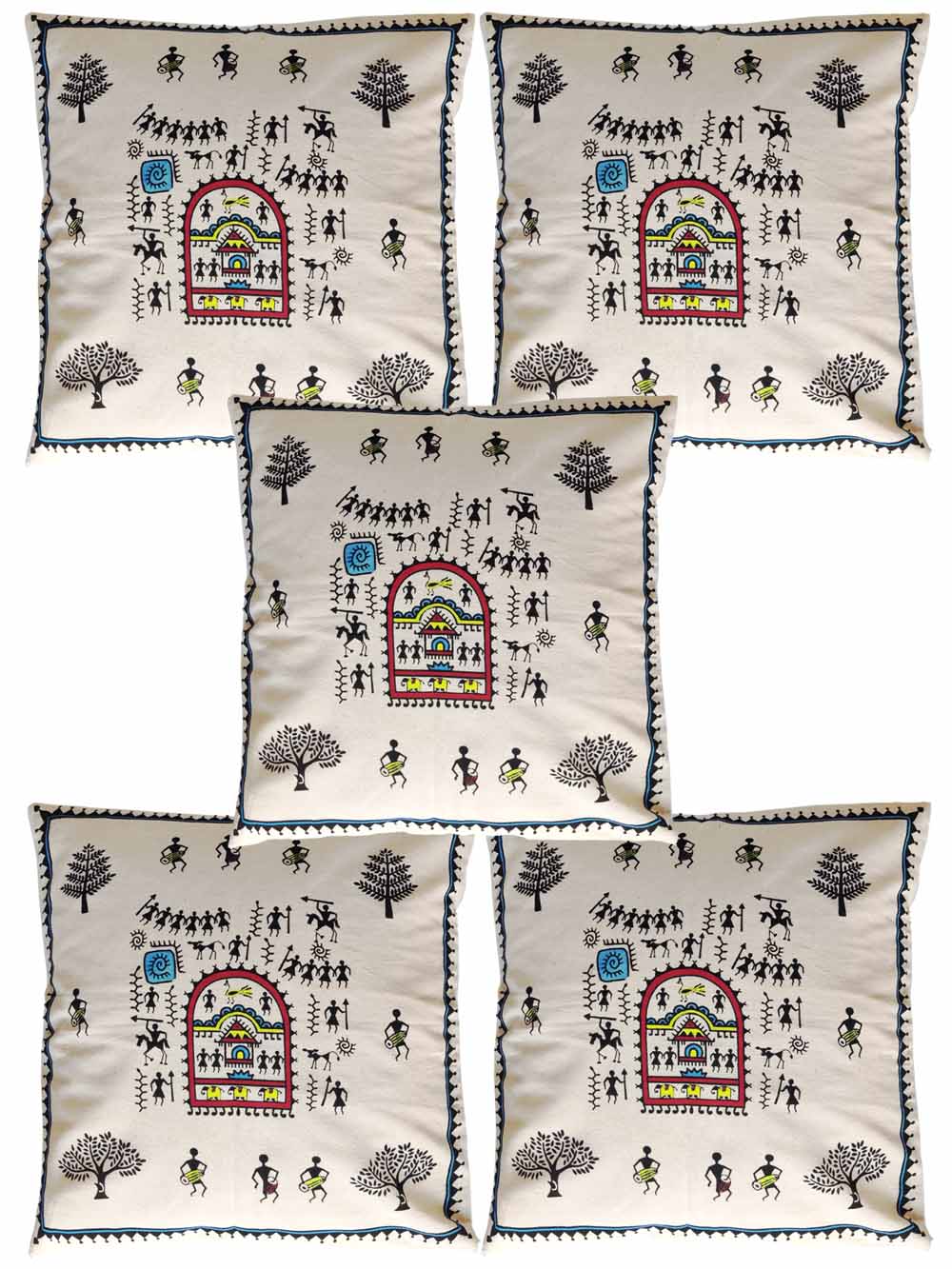 Pack Of 5 Warli Multicolored Hand Painted Cushion Cover