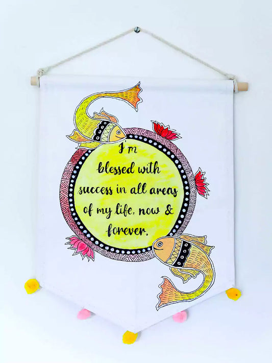 Madhubani Fish Design Hand Painted Affirmations Wall Hanging- Modern Cotton Décor with Rope and Wooden Stick by Dewy Lupin