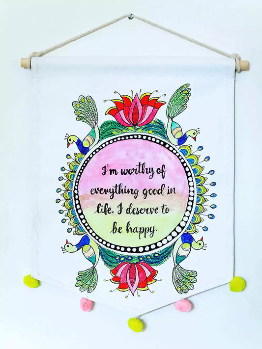 Hand Painted Madhubani Affirmations Wall Hanging- Modern Cotton Décor with Rope and Wooden Stick by Dewy Lupin