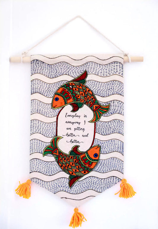 The Fish in Madhubani Hand Painted Wall Hanging- Modern Cotton Décor with Rope and Wooden Stick by Dewy Lupin