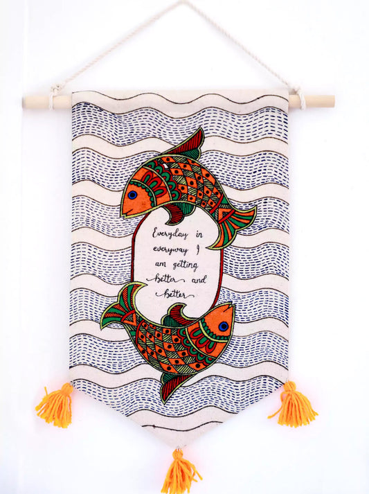 Fish Design in Madhubani Art Hand Painted Affirmation Wall Hanging