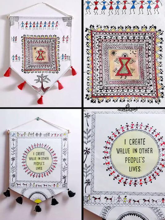 Hand Painted Warli Decor Boho Wall Hanging Set of 2