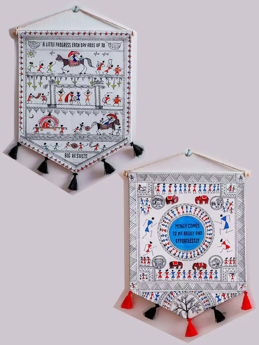 Hand Painted Positive quotes Boho Warli Wall Hanging Set of 2