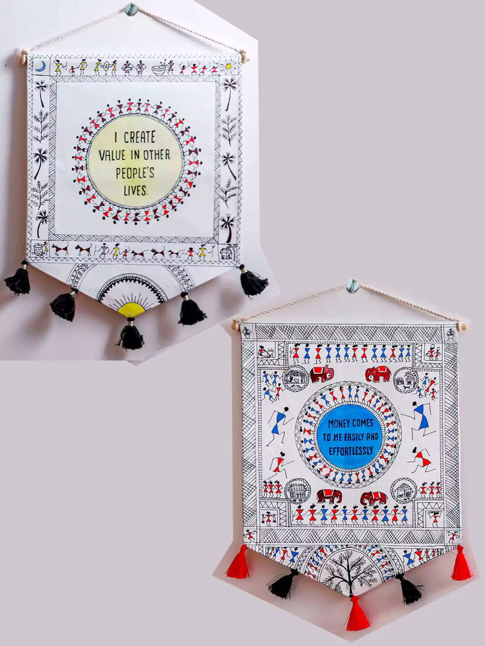 Hand Painted Positive quotes Boho Warli Wall Hanging Set of 2