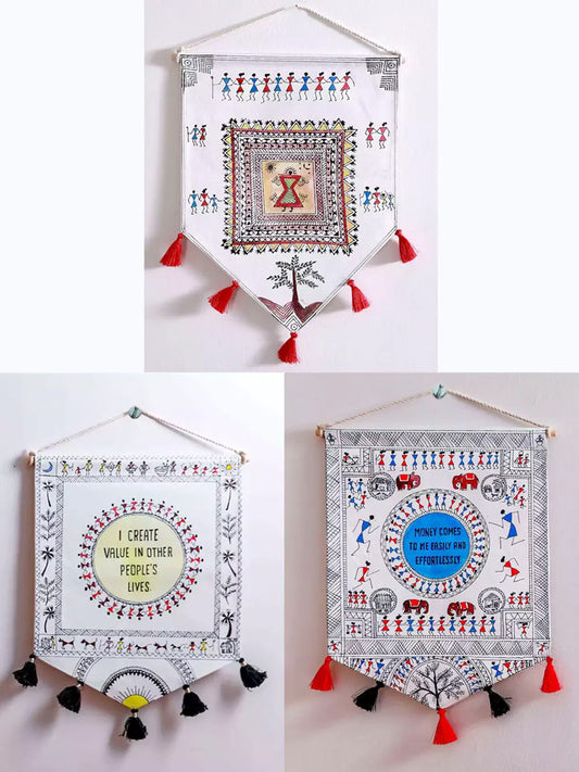 Hand Painted Affirmation Warli Wall Hanging Set of 3 - Modern Cotton Décor with Rope and Wooden Stick by Dewy Lupin