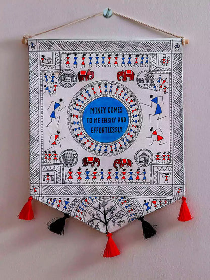Hand Painted Affirmation Warli Wall Hanging Set of 3 - Modern Cotton Décor with Rope and Wooden Stick by Dewy Lupin