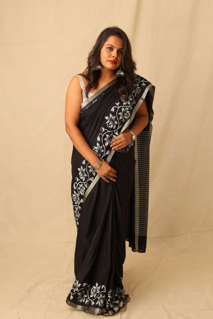 Striking Black With White Hand-Stencil Printed Pure Slub Cotton Saree