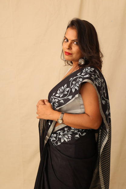 Striking Black With White Hand-Stencil Printed Pure Slub Cotton Saree