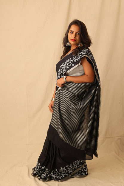 Striking Black With White Hand-Stencil Printed Pure Slub Cotton Saree