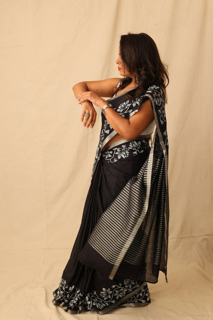 Striking Black With White Hand-Stencil Printed Pure Slub Cotton Saree