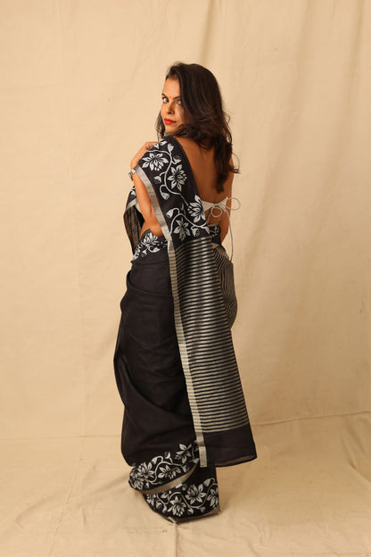 Striking Black With White Hand-Stencil Printed Pure Slub Cotton Saree