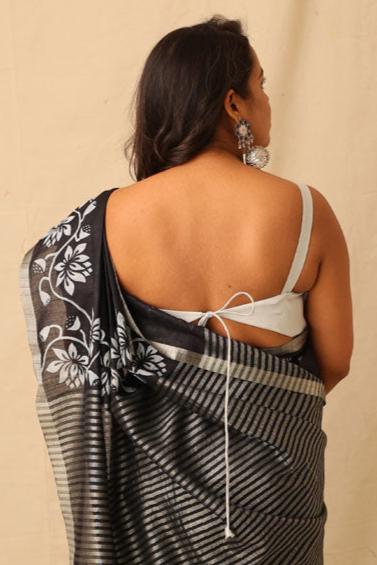 Striking Black With White Hand-Stencil Printed Pure Slub Cotton Saree