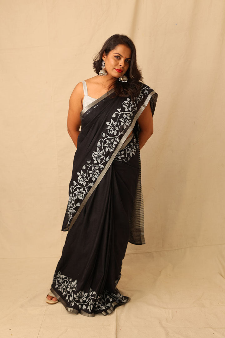 Striking Black With White Hand-Stencil Printed Pure Slub Cotton Saree