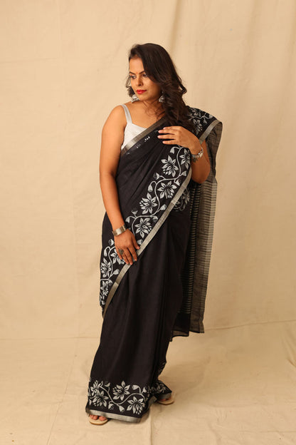 Striking Black With White Hand-Stencil Printed Pure Slub Cotton Saree