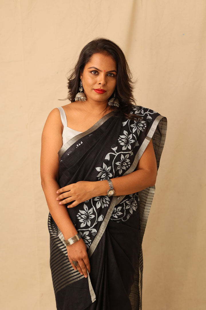 Striking Black With White Hand-Stencil Printed Pure Slub Cotton Saree