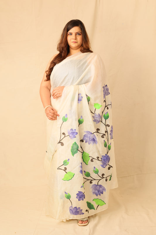 Blue lotus floral hand painted pure tusser silk white saree