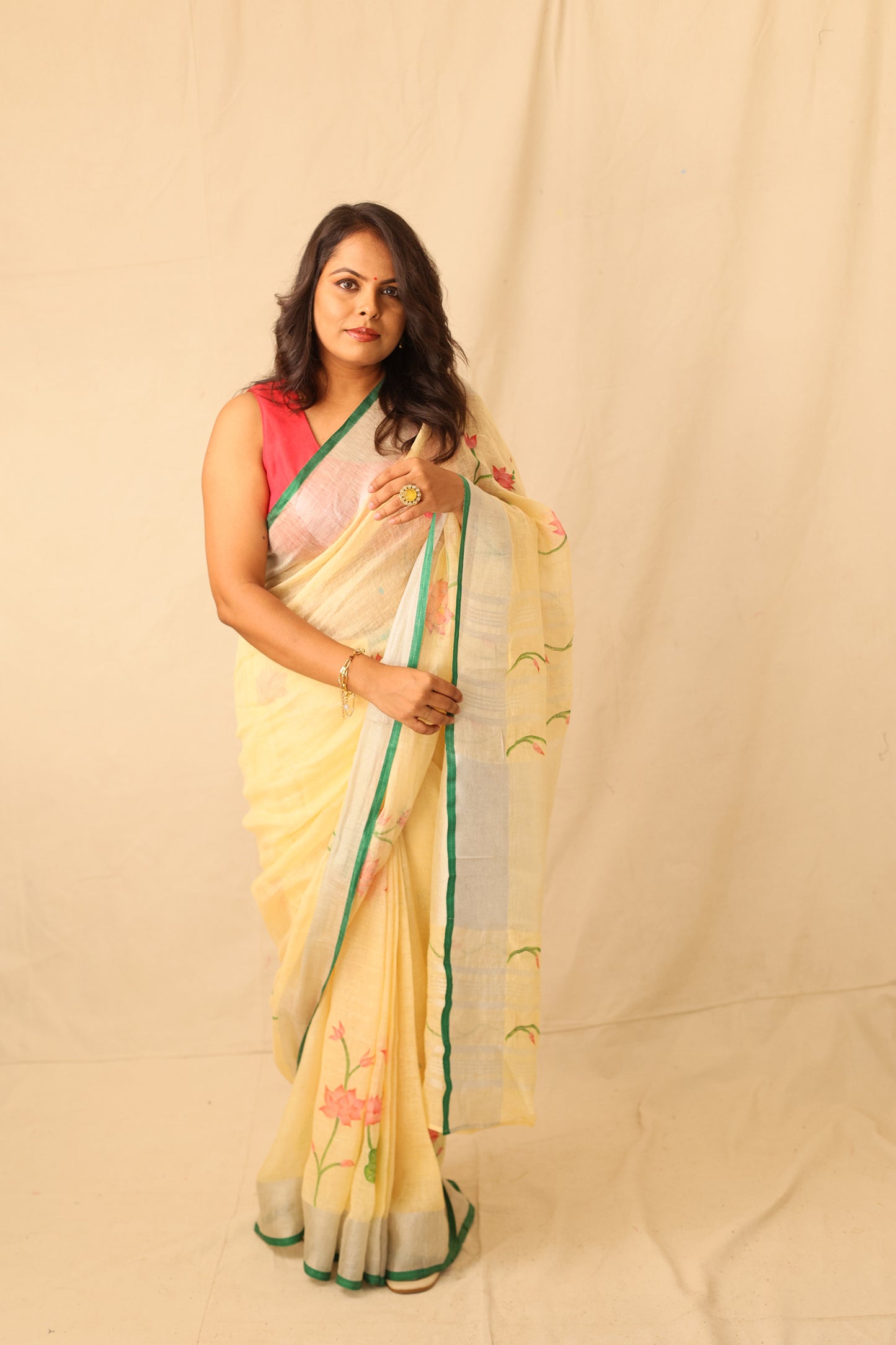 Lotus Floral Elegance Hand painted Yellow Linen Saree