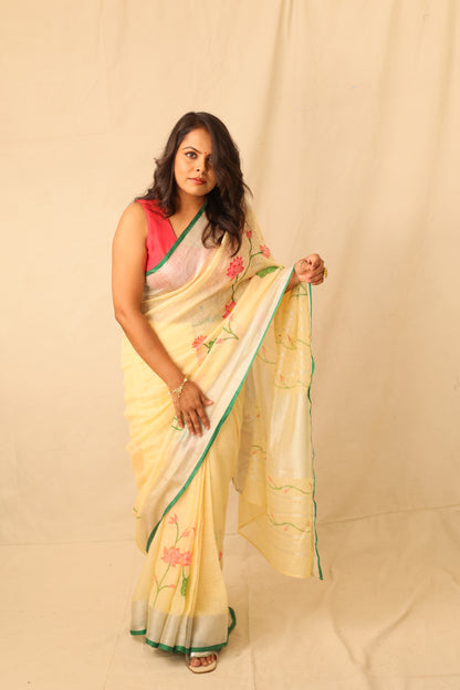 Lotus Floral Elegance Hand painted Yellow Linen Saree