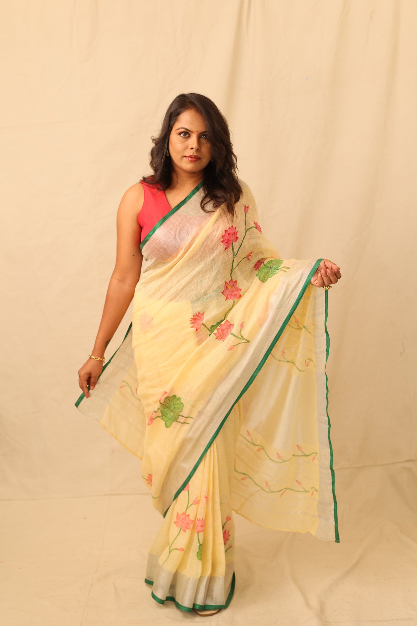 Lotus Floral Elegance Hand painted Yellow Linen Saree