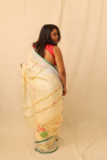 Lotus Floral Elegance Hand painted Yellow Linen Saree