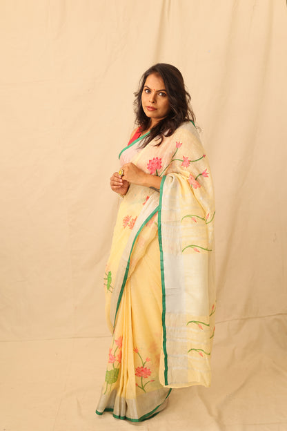 Lotus Floral Elegance Hand painted Yellow Linen Saree