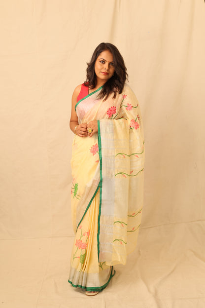 Lotus Floral Elegance Hand painted Yellow Linen Saree