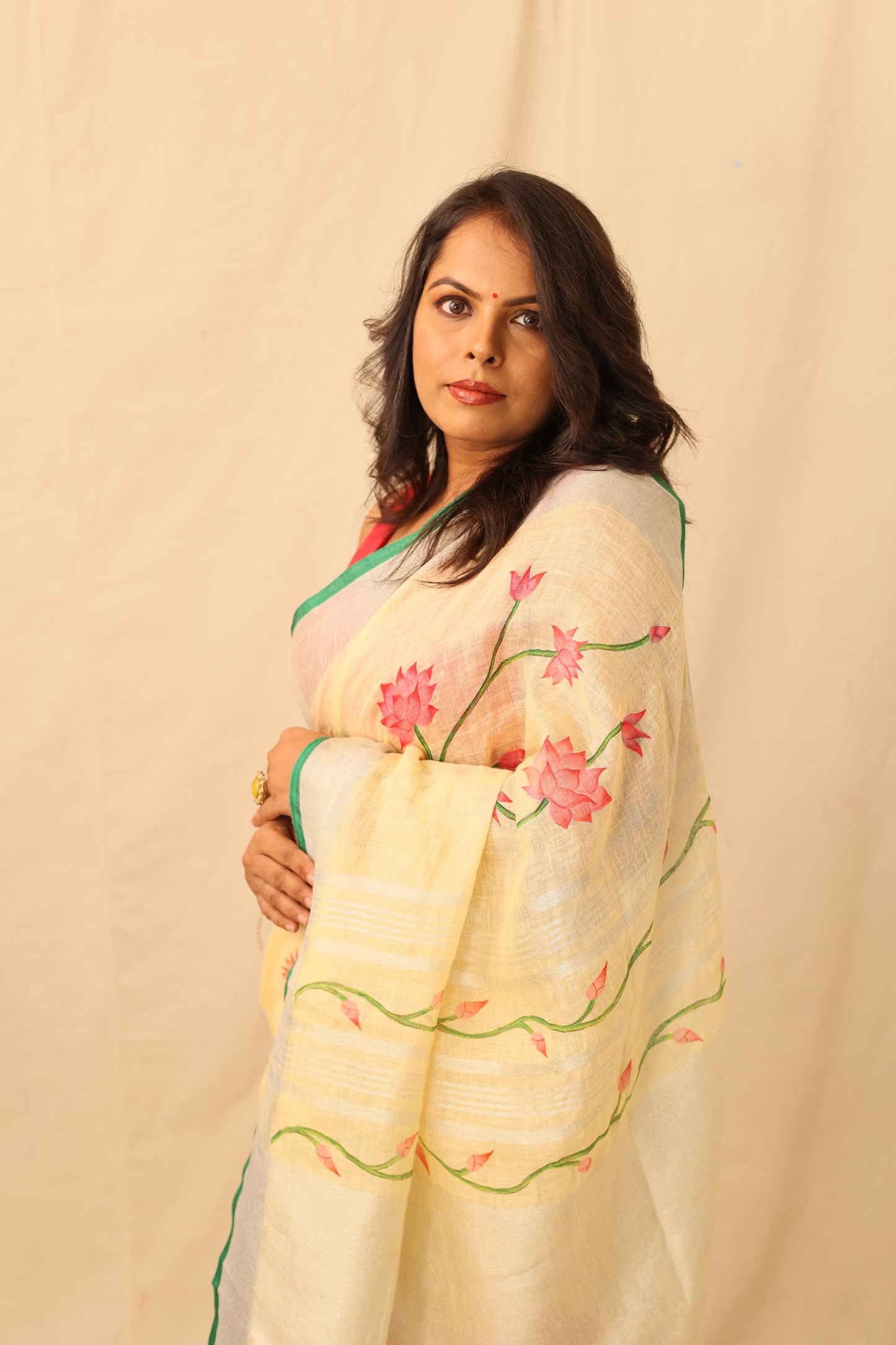 Lotus Floral Elegance Hand painted Yellow Linen Saree