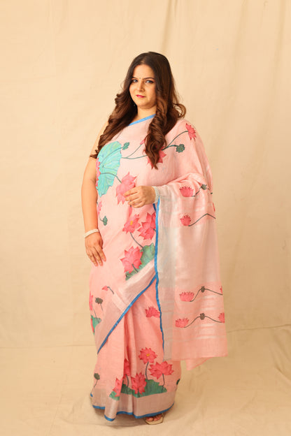 pink Lotus Bloom Hand-painted Pink linen Saree