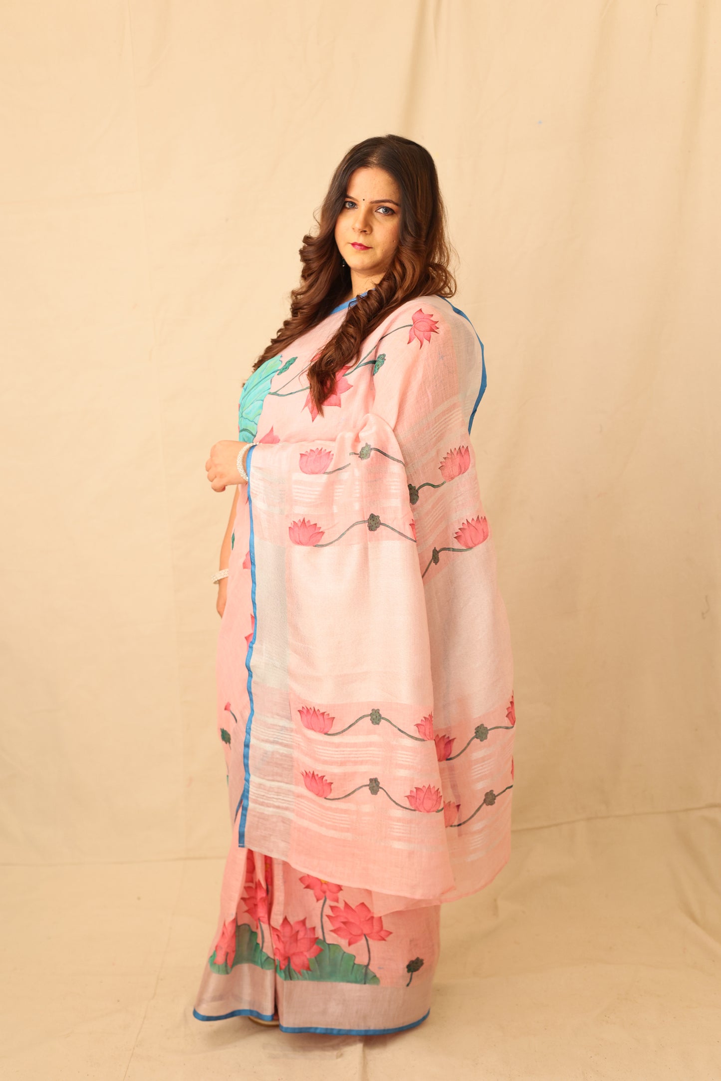 pink Lotus Bloom Hand-painted Pink linen Saree