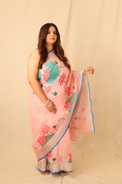 pink Lotus Bloom Hand-painted Pink linen Saree