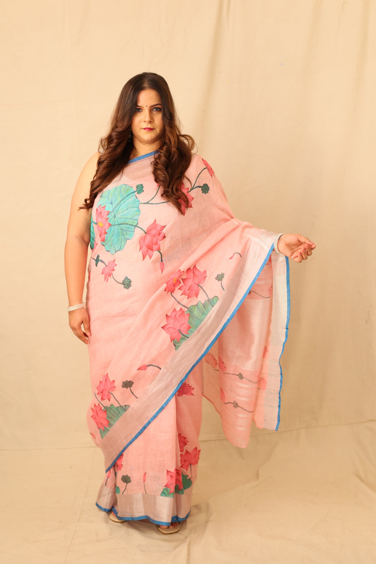 pink Lotus Bloom Hand-painted Pink linen Saree