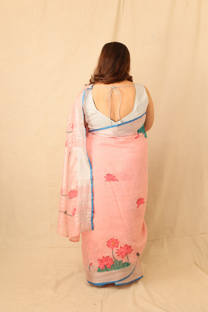 pink Lotus Bloom Hand-painted Pink linen Saree