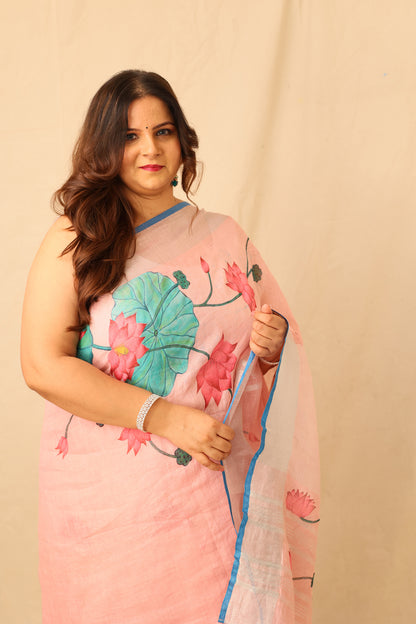 pink Lotus Bloom Hand-painted Pink linen Saree