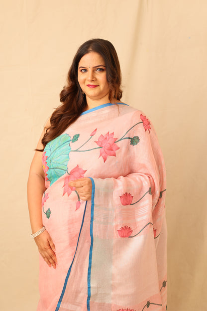 pink Lotus Bloom Hand-painted Pink linen Saree