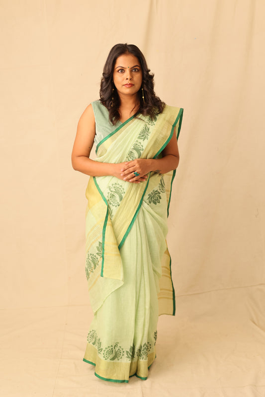 Bright Lime Color Hand-Stencil Printed Linen Saree