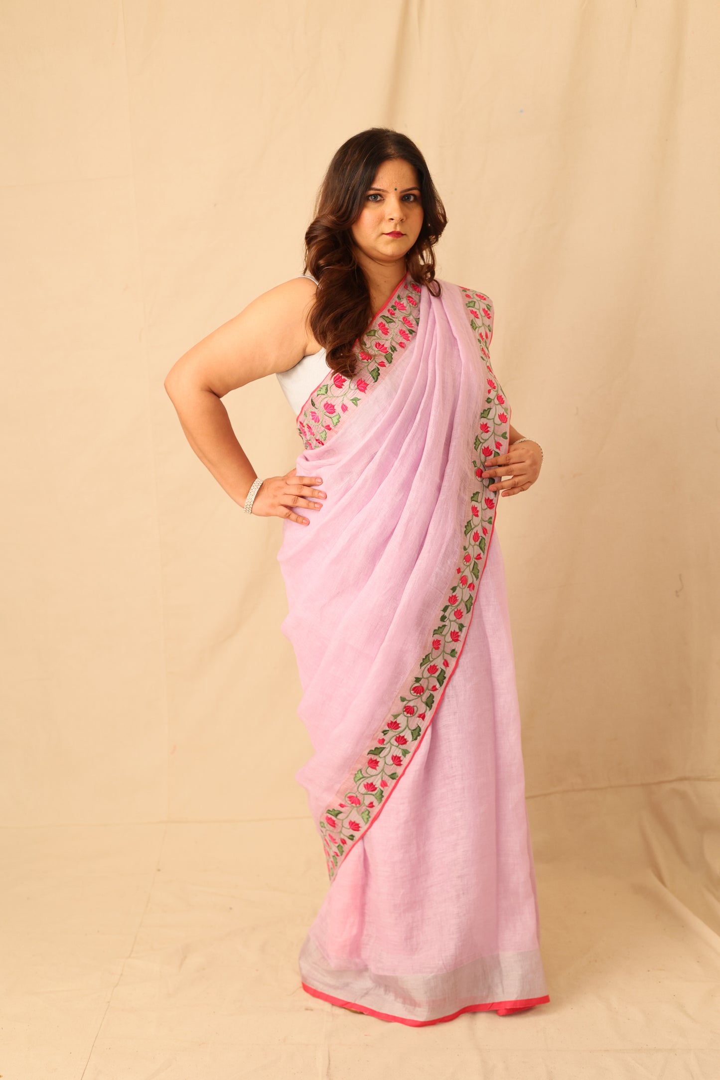 Embroidered Linen Saree with Floral Silver Zari Border