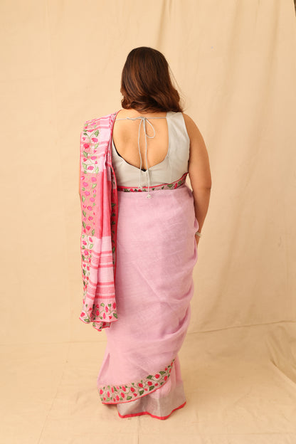 Embroidered Linen Saree with Floral Silver Zari Border