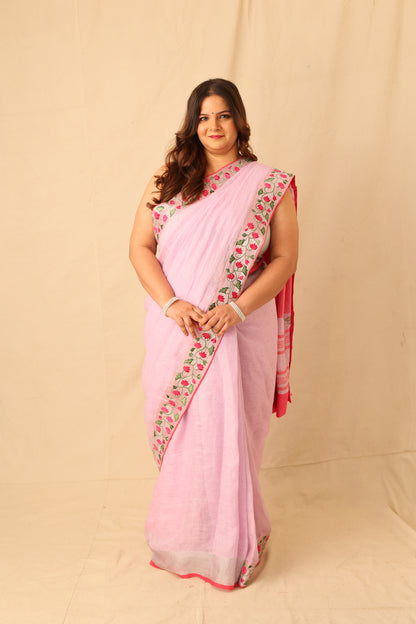 Embroidered Linen Saree with Floral Silver Zari Border