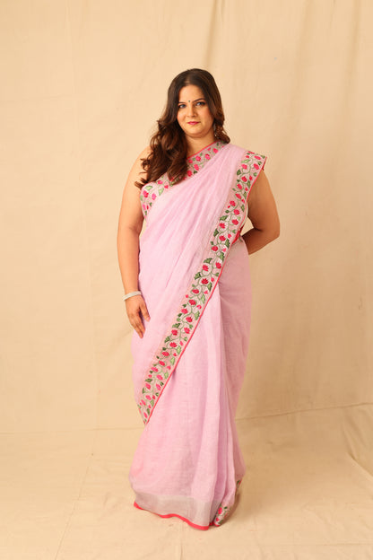 Embroidered Linen Saree with Floral Silver Zari Border