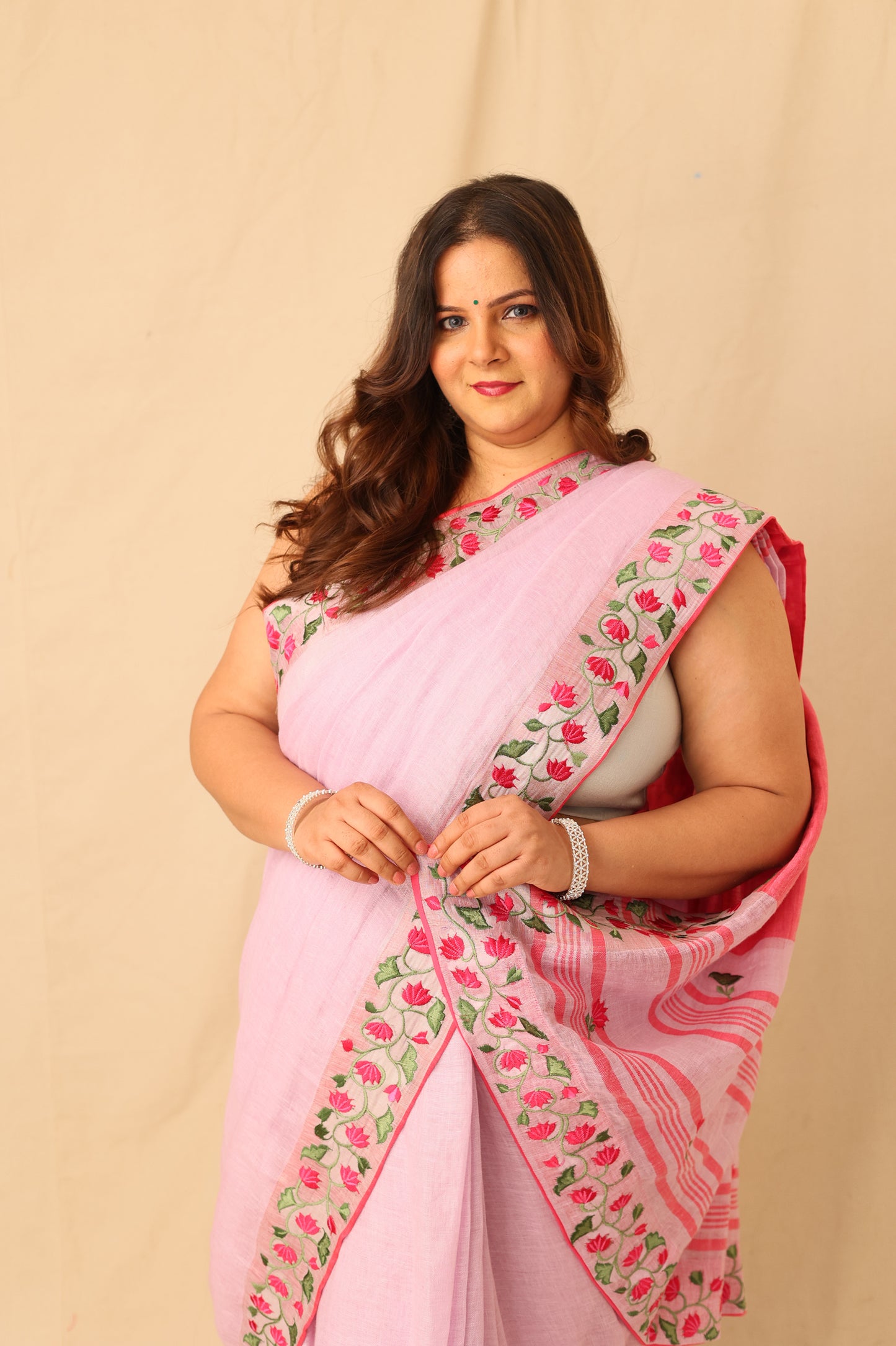 Embroidered Linen Saree with Floral Silver Zari Border