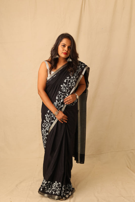 Striking Black With White Hand-Stencil Printed Pure Slub Cotton Saree