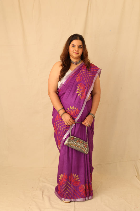 Elegant Purple Colorful Hand-Stencil Printed Pure Slub Cotton Saree