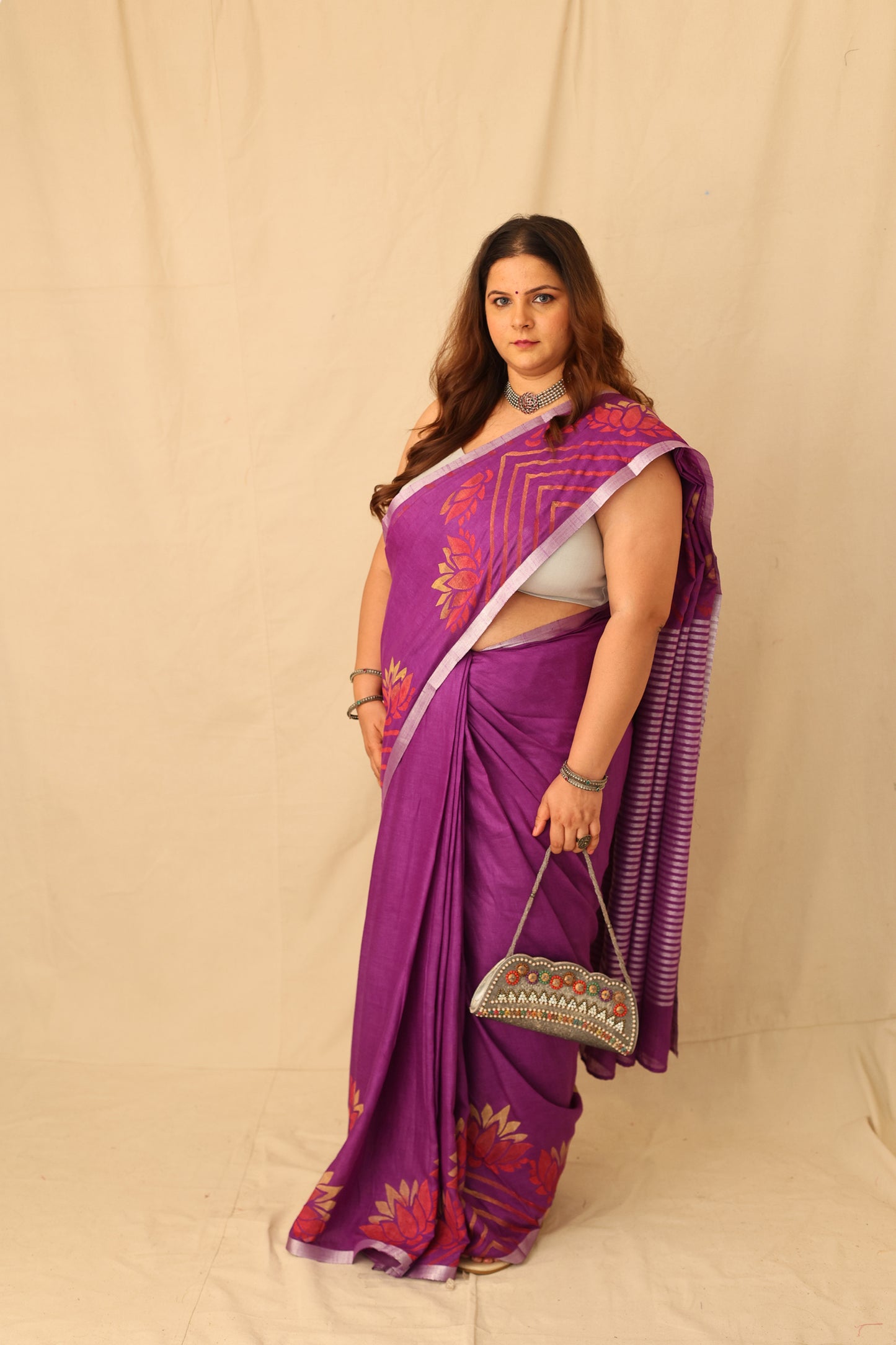 Elegant Purple Colorful Hand-Stencil Printed Pure Slub Cotton Saree