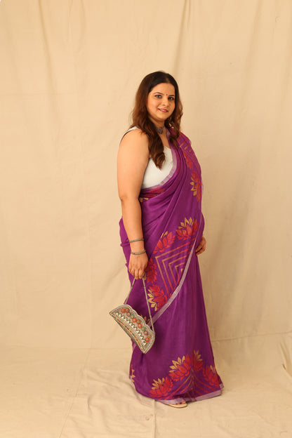 Elegant Purple Colorful Hand-Stencil Printed Pure Slub Cotton Saree