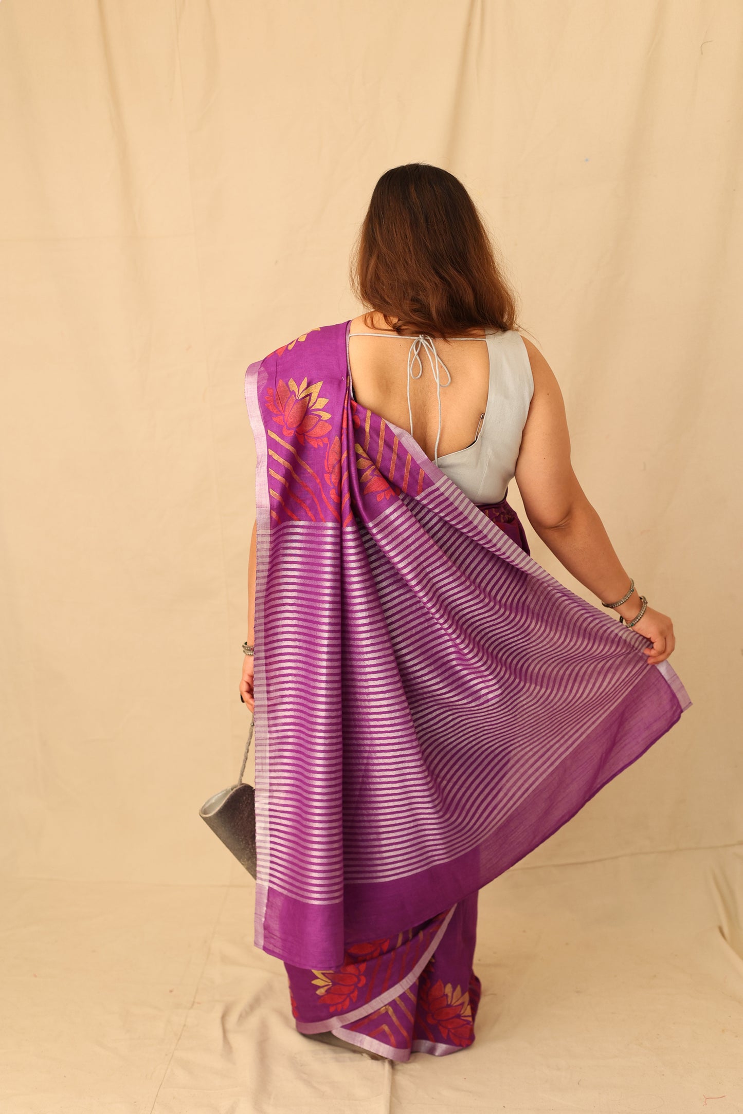 Elegant Purple Colorful Hand-Stencil Printed Pure Slub Cotton Saree