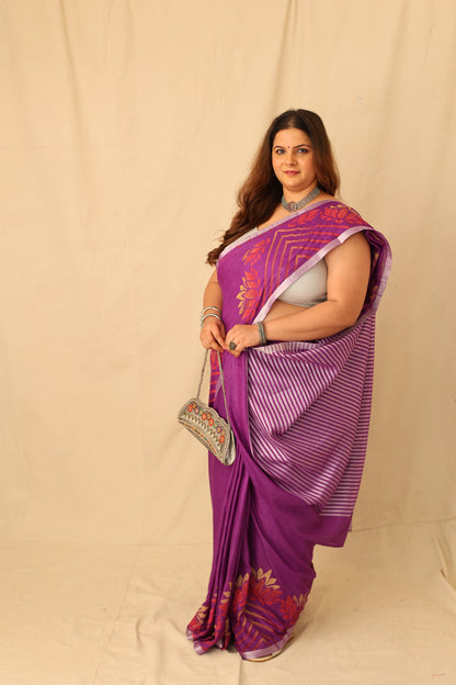 Elegant Purple Colorful Hand-Stencil Printed Pure Slub Cotton Saree